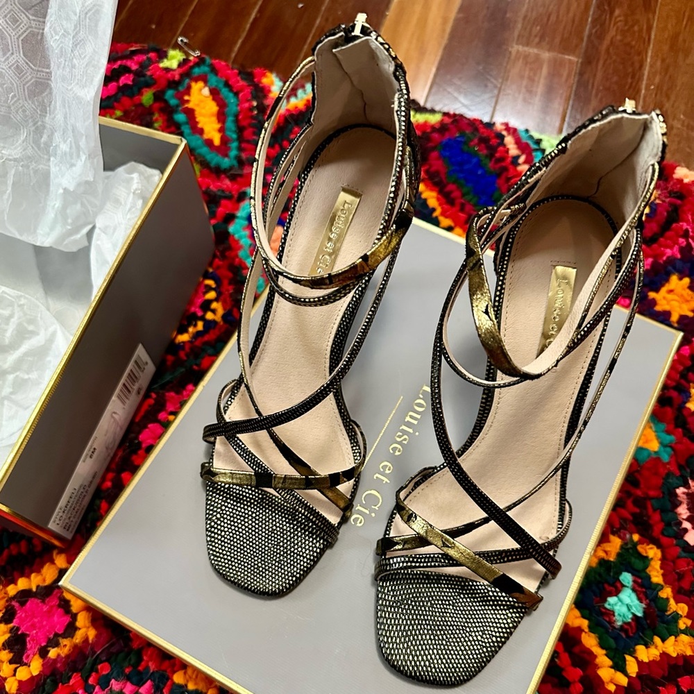 Gold and Black Strappy Heels